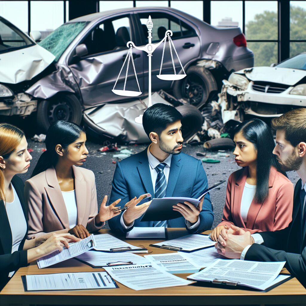 A visual representation of a road accident with multiple vehicles, highlighting the process of a third-party claim, showing documents like insurance forms, an illustration of a scale symbolizing justice, and diverse people discussing around a table.
