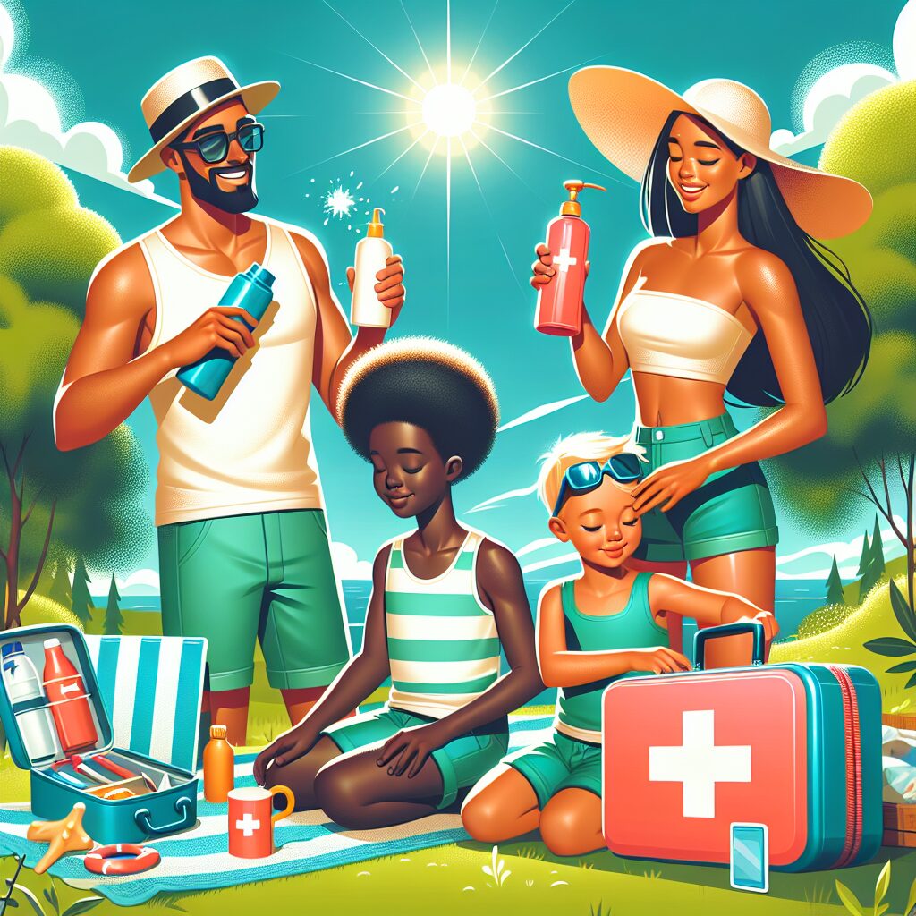 A vibrant and sunny summer scene with a family enjoying outdoor activities, applying sunscreen, drinking water, and packing a first-aid kit. The image should convey a sense of health, wellness, and relaxation under bright blue skies.
