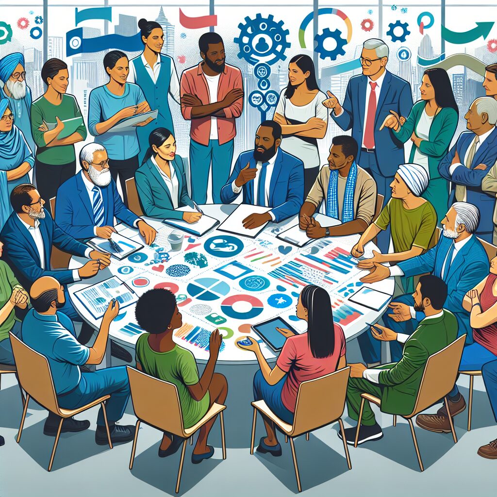 Image montrant une réunion de citoyens engagés dans une discussion autour d'une table, symbolisant la participation citoyenne dans les politiques de santé publique, avec des documents, des graphiques, et des échanges dynamiques, dans un style moderne et positif.