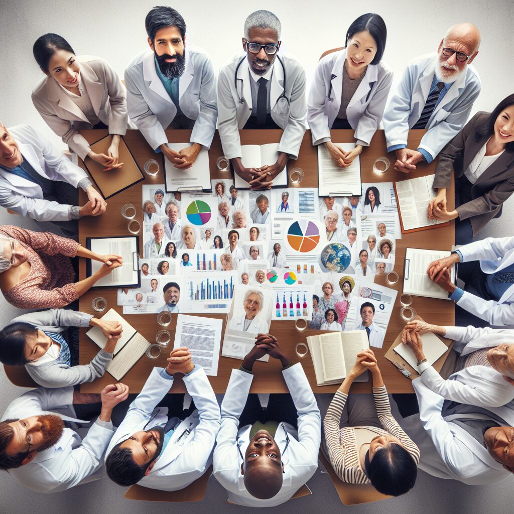 Un groupe diversifié de scientifiques en réunion, autour d'une table, discutant activement avec des graphiques et documents sur la santé publique, symbolisant la collaboration et l'innovation dans le domaine de la santé.
