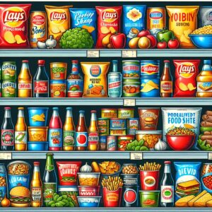 Illustration des aliments ultra-transformés présents sur les étagères d'une épicerie américaine, tels que des chips, des sodas et des plats préparés. Ajoutez des étiquettes de produits bien connues et des packaging colorés pour un effet réaliste.