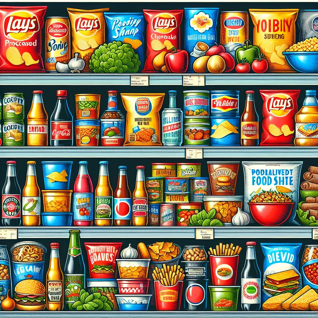 Illustration des aliments ultra-transformés présents sur les étagères d'une épicerie américaine, tels que des chips, des sodas et des plats préparés. Ajoutez des étiquettes de produits bien connues et des packaging colorés pour un effet réaliste.