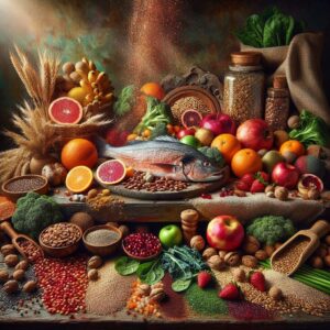 A colorful and inviting arrangement of various superfoods on a rustic kitchen table, featuring whole grains, vibrant fruits, nuts, oily fish, and fresh green vegetables, symbolizing energy and wellness.