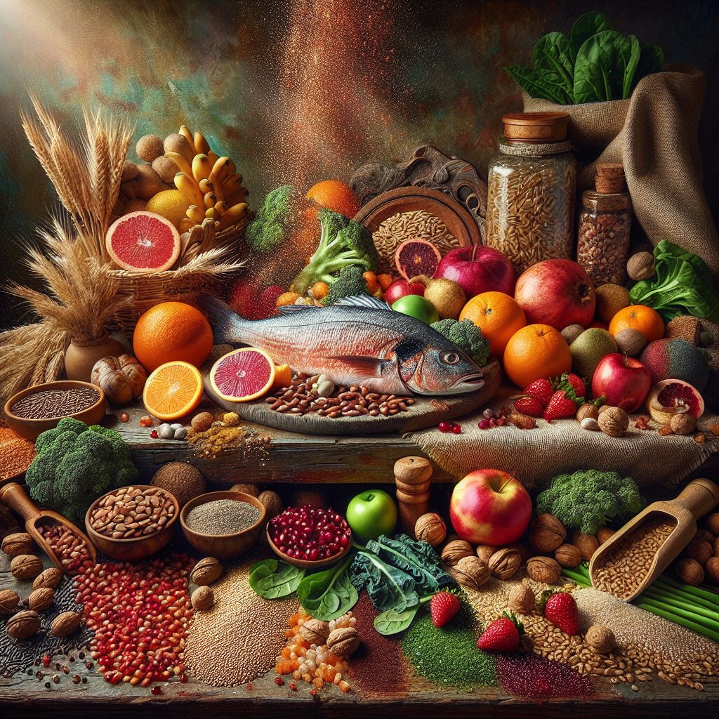 A colorful and inviting arrangement of various superfoods on a rustic kitchen table, featuring whole grains, vibrant fruits, nuts, oily fish, and fresh green vegetables, symbolizing energy and wellness.