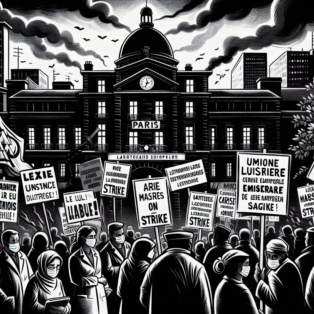 Illustration angoissante d'un hôpital parisien avec pancartes de syndicats en grève, ambiance sombre et préoccupée en noir et blanc. Scène mettant en avant des travailleurs de la santé manifestant contre des politiques d'austérité, avec des bâtiments hospitaliers en arrière-plan.