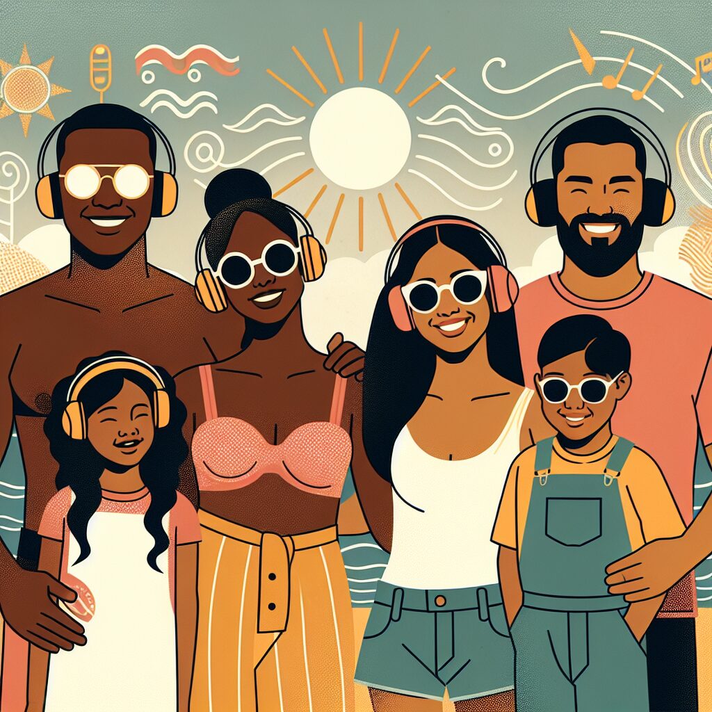 A family enjoying summer on a sunny beach, wearing sunglasses and using ear protection, with visual and auditory health being emphasized by sun and sound motifs.