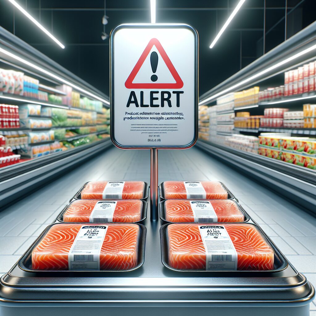 An illustration showing packaged salmon fillets with an alert sign, symbolizing a product recall due to contamination, with a background of a typical grocery store shelf.