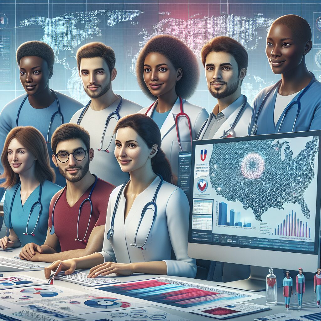 An illustrative image of diverse healthcare professionals collaborating at a national health registry, with digital screens displaying charts, graphs, and data analysis to symbolize prevention efforts; a modern, professional setting with a map of France in the background.