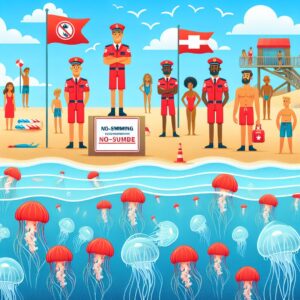 Illustration d'une plage du Sud-Ouest animée, avec des drapeaux rouges signalant l'interdiction de baignade, des sauveteurs en alerte et des physalies translucides flottant près du rivage, sous un ciel bleu ensoleillé.