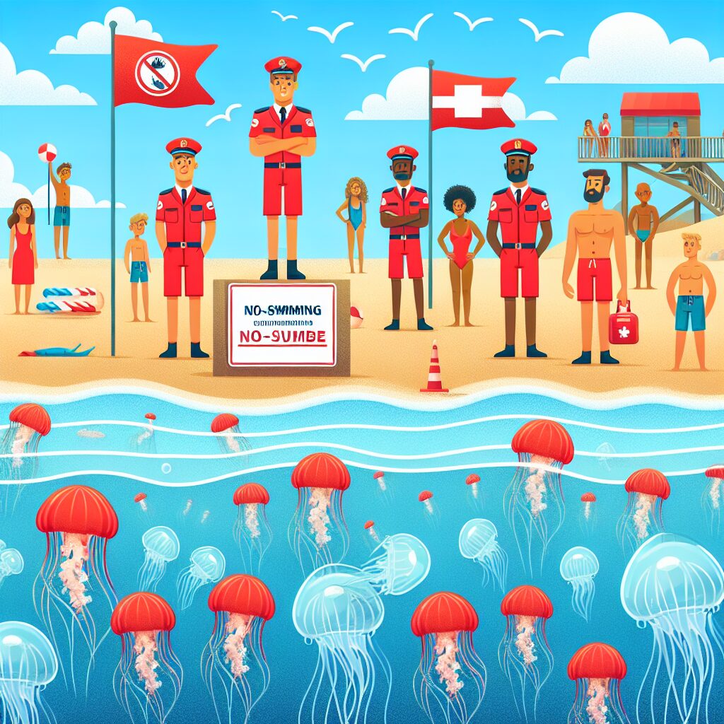 Illustration d'une plage du Sud-Ouest animée, avec des drapeaux rouges signalant l'interdiction de baignade, des sauveteurs en alerte et des physalies translucides flottant près du rivage, sous un ciel bleu ensoleillé.