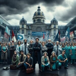 A dramatic scene depicting union leaders in front of a major hospital in Paris, holding banners and signs in protest, with a background showing worried healthcare workers and a cloudy, tense atmosphere.