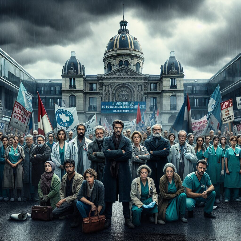 A dramatic scene depicting union leaders in front of a major hospital in Paris, holding banners and signs in protest, with a background showing worried healthcare workers and a cloudy, tense atmosphere.