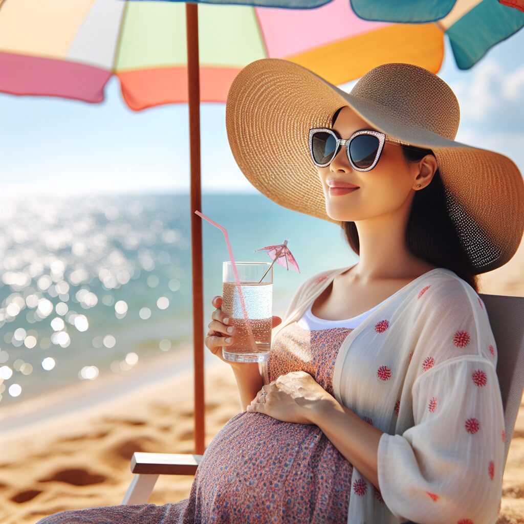 A pregnant woman in a summer hat, sitting under a parasol on a beach, drinking water and wearing sunglasses, with a serene sea and blue sky in the background.