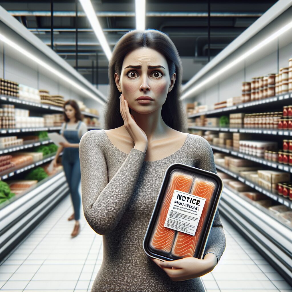 An empty supermarket shelf with a sign indicating a product recall, a worried consumer in the foreground holding a package of smoked salmon, blurred aisles of a modern supermarket in the background.