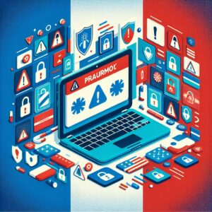 A digital illustration showing a laptop with a fake pharmacy website screen, surrounded by warning symbols and digital security locks, set against a background of the French flag to signify the issue's strong impact in France.