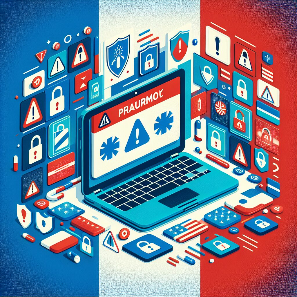 A digital illustration showing a laptop with a fake pharmacy website screen, surrounded by warning symbols and digital security locks, set against a background of the French flag to signify the issue's strong impact in France.