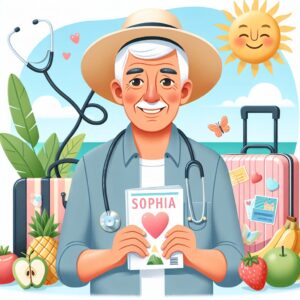 A summer-themed image featuring a senior man with a gentle smile, wearing a hat, enjoying a sunny day outdoors. He is holding a magazine titled 'Sophia et vous' and surrounded by symbols of travel and wellness, like a stethoscope, fruits, and a suitcase.