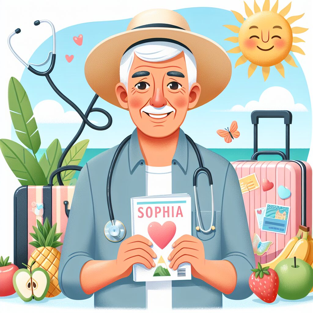 A summer-themed image featuring a senior man with a gentle smile, wearing a hat, enjoying a sunny day outdoors. He is holding a magazine titled 'Sophia et vous' and surrounded by symbols of travel and wellness, like a stethoscope, fruits, and a suitcase.