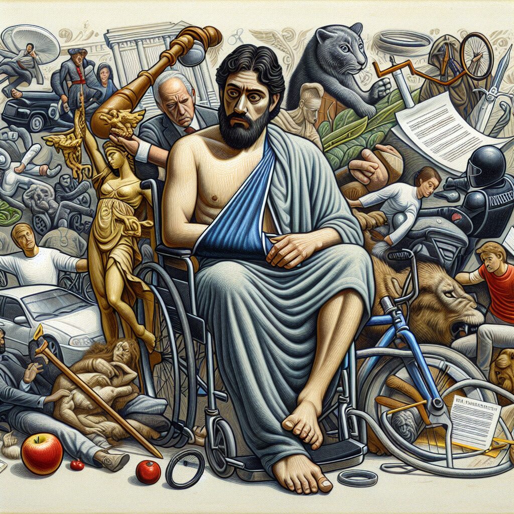 A symbolic illustration showing a person with an injury, surrounded by various scenes of accidents involving vehicles, animals, and sports, with legal symbols like a gavel and insurance paperwork in the background, conveying the concept of legal recourse after an accident.