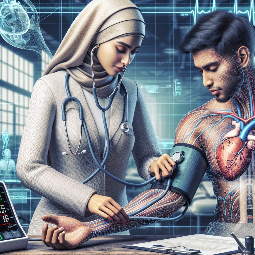 A digital illustration showing a person getting their blood pressure measured by a healthcare provider in a calm clinical setting. The scene includes a blood pressure monitor, the practitioner's hand gently holding the patient's arm, and a backdrop of a healthcare environment with diagrams of the heart and vascular system.