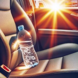A sunlit car interior with a forgotten plastic water bottle on the seat, showing heat waves above it, symbolizing the dangers of drinking from it during a heatwave.