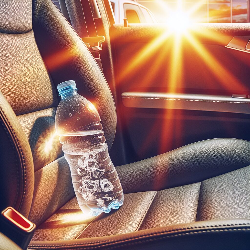 A sunlit car interior with a forgotten plastic water bottle on the seat, showing heat waves above it, symbolizing the dangers of drinking from it during a heatwave.