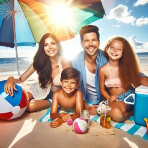 Une famille heureuse se détend sur la plage, sous le soleil d'été, entourée de parasols et vêtements légers, illustrant des conseils de santé estivaux.