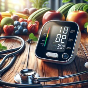 A close-up of a modern digital blood pressure monitor displaying a reading, with a stethoscope beside it on a wooden table, surrounded by healthy food items like fruits and vegetables, soft natural lighting, realistic style.