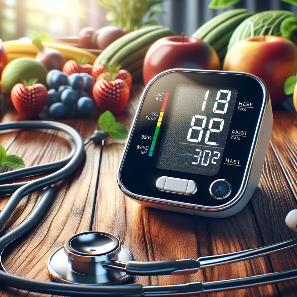 A close-up of a modern digital blood pressure monitor displaying a reading, with a stethoscope beside it on a wooden table, surrounded by healthy food items like fruits and vegetables, soft natural lighting, realistic style.