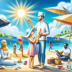A serene summer scene with a bright sunny day, a beach setting with families enjoying, applying sunscreen, and children playing safely. Include elements like beach umbrellas, hats, and a picnic setup, highlighting a healthy and joyful summer experience.
