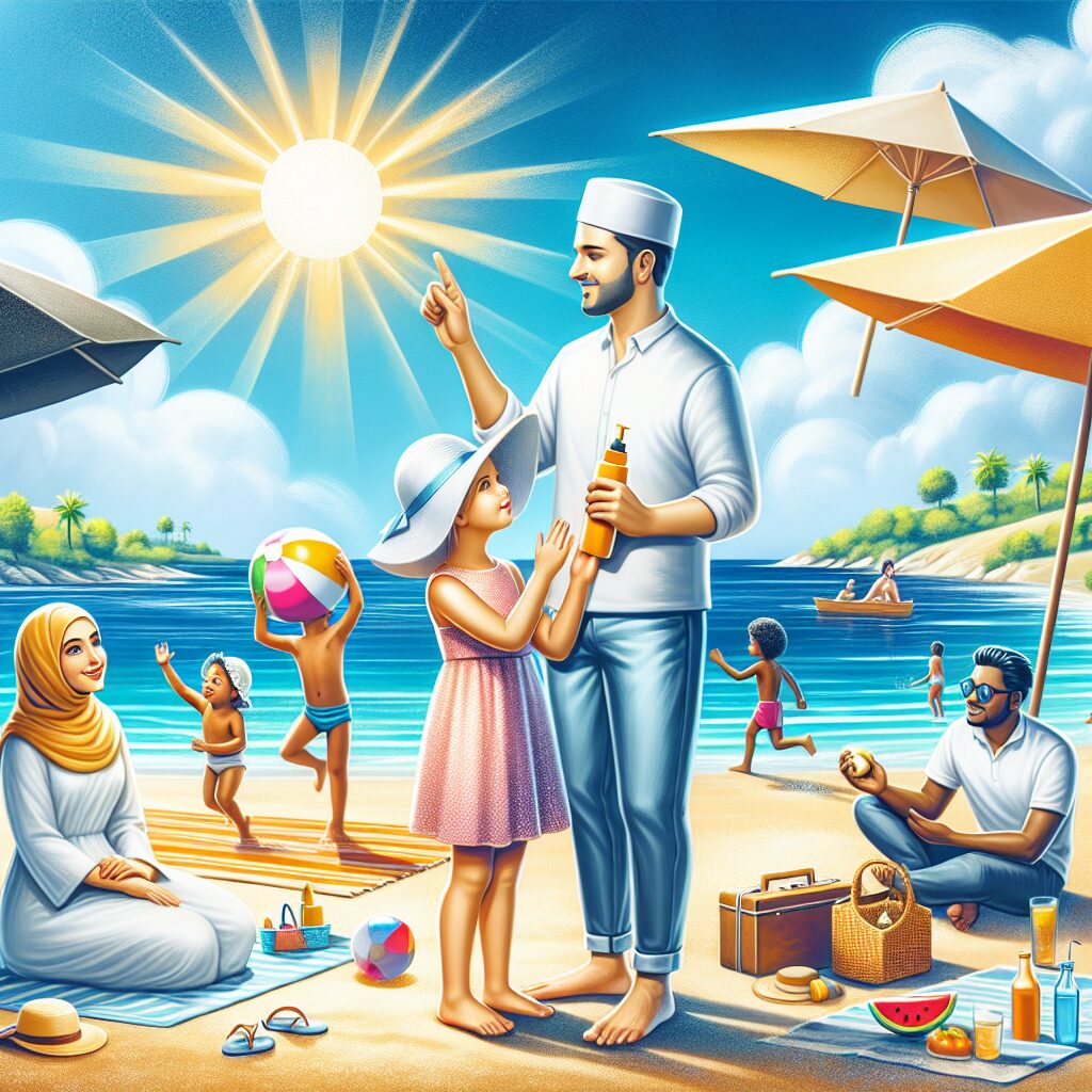 A serene summer scene with a bright sunny day, a beach setting with families enjoying, applying sunscreen, and children playing safely. Include elements like beach umbrellas, hats, and a picnic setup, highlighting a healthy and joyful summer experience.
