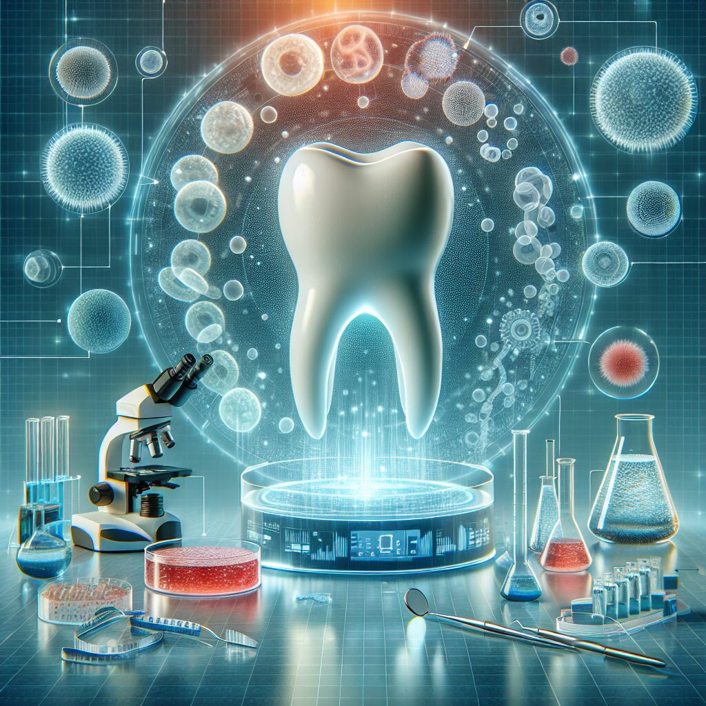 Une illustration scientifique montrant une dent humaine en train de se régénérer naturellement, entourée de cellules et d'éléments génétiques, avec un fond de laboratoire moderne rempli d'équipements de recherche avancés.