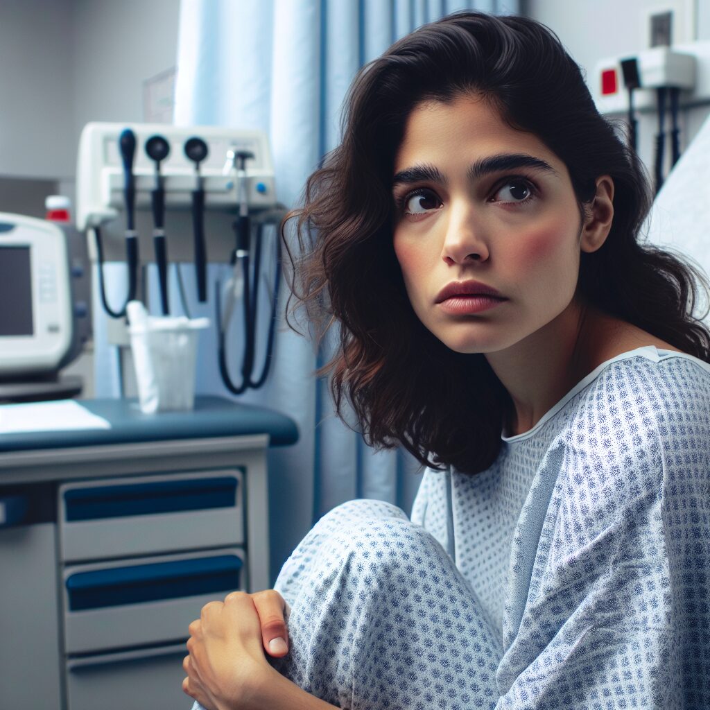 A concerned woman sitting in a hospital gown, looking away anxiously, with a medical examination room in the background, depicting the theme of patient consent and vulnerability during medical procedures.