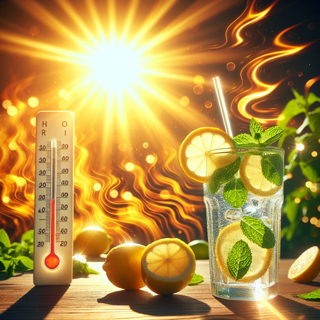 A glass of water with lemon slices and mint leaves on a sunny table, a background of heat waves and a thermometer showing high temperatures.
