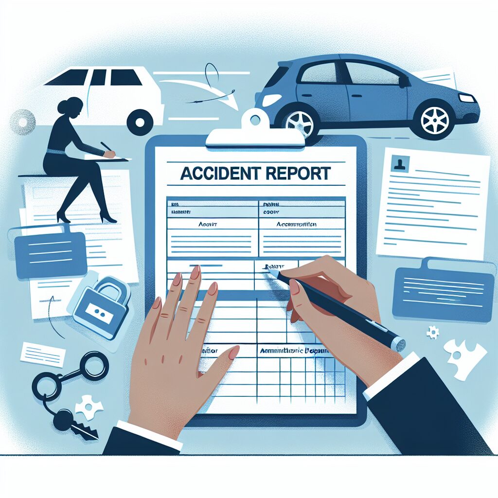 Illustration d'une personne remplissant un formulaire de déclaration d'accident, en arrière-plan un accident mineur de voiture, des documents administratifs éparpillés autour, style moderne et précis.