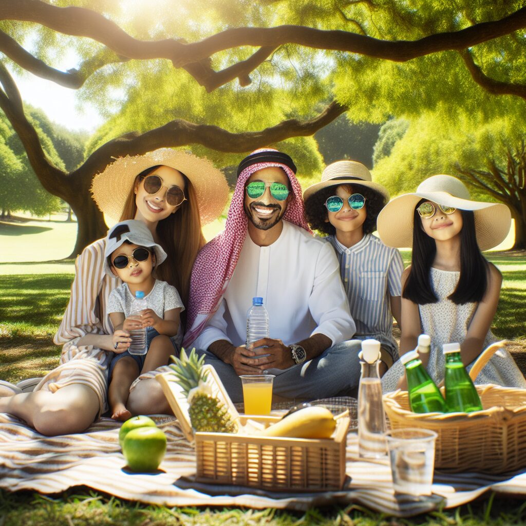 A tranquil summer scene with a family enjoying a picnic in a sunny park, shaded by trees. They are hydrated, wearing hats and sunglasses, and there is a clear blue sky overhead, symbolizing a healthy and serene summer experience.