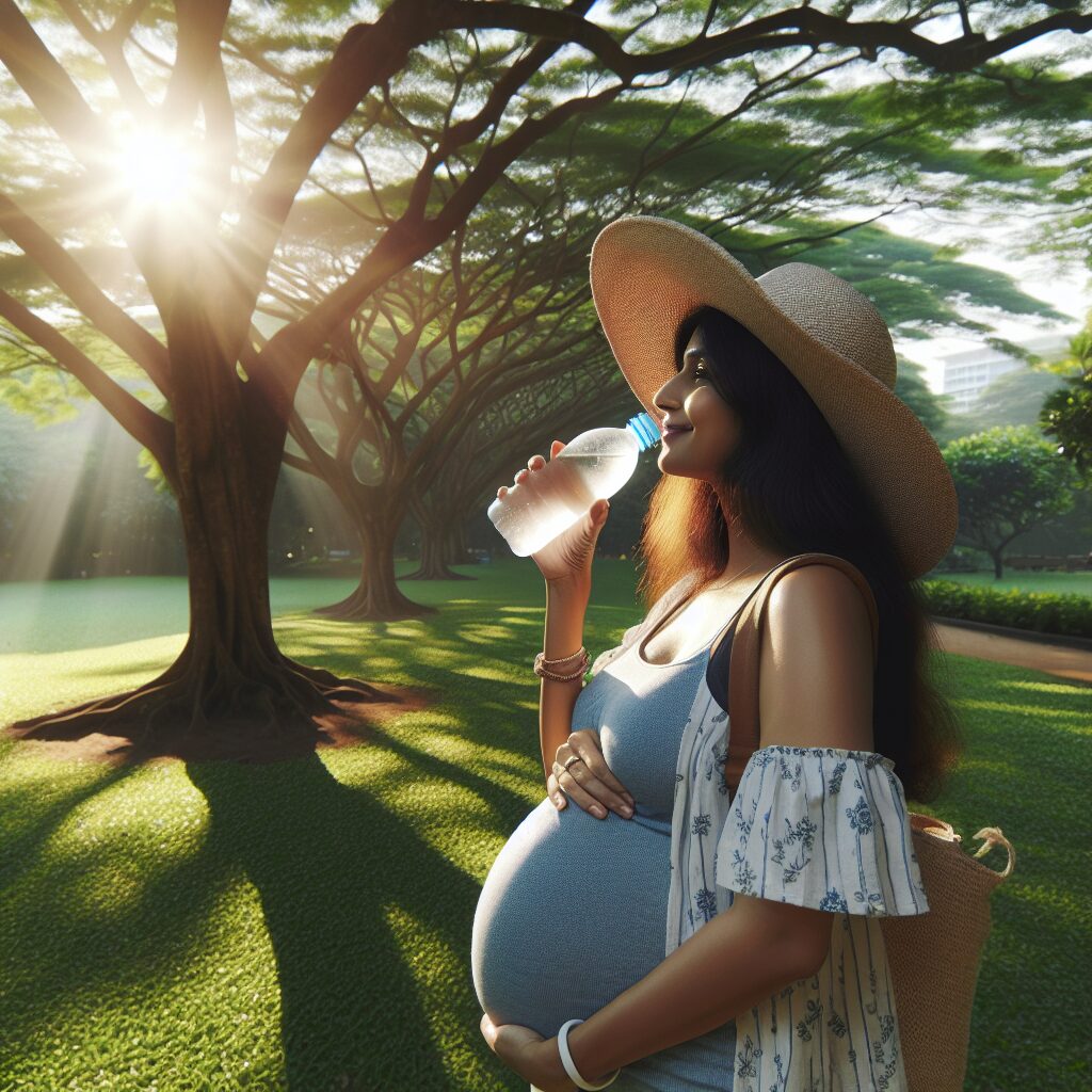 Pregnant woman under summer sun, wearing sunhat, drinking water, in a park with shade, emphasis on staying cool and hydrated, sunlight filtering through trees, calm and healthy atmosphere.
