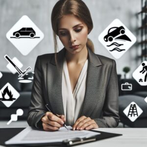 A concerned person filling out a form with a thoughtful expression, surrounded by various symbols of accidents like skidding car, falling ladder, and a barking dog, in a calm, advisory setting.