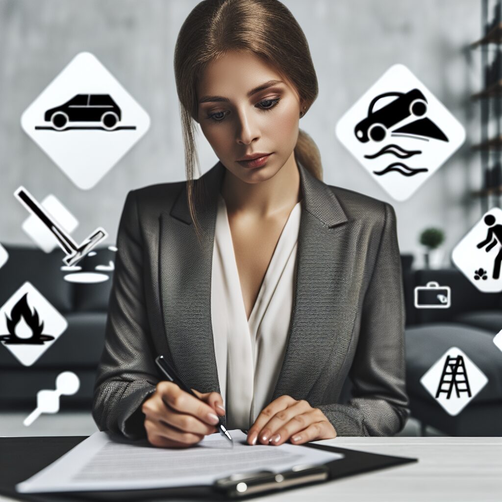 A concerned person filling out a form with a thoughtful expression, surrounded by various symbols of accidents like skidding car, falling ladder, and a barking dog, in a calm, advisory setting.