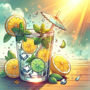 A refreshing image showing a glass of infused water with lemon and mint on a sunny desk, surrounded by a light summer breeze, illustrating proper hydration during a heatwave.