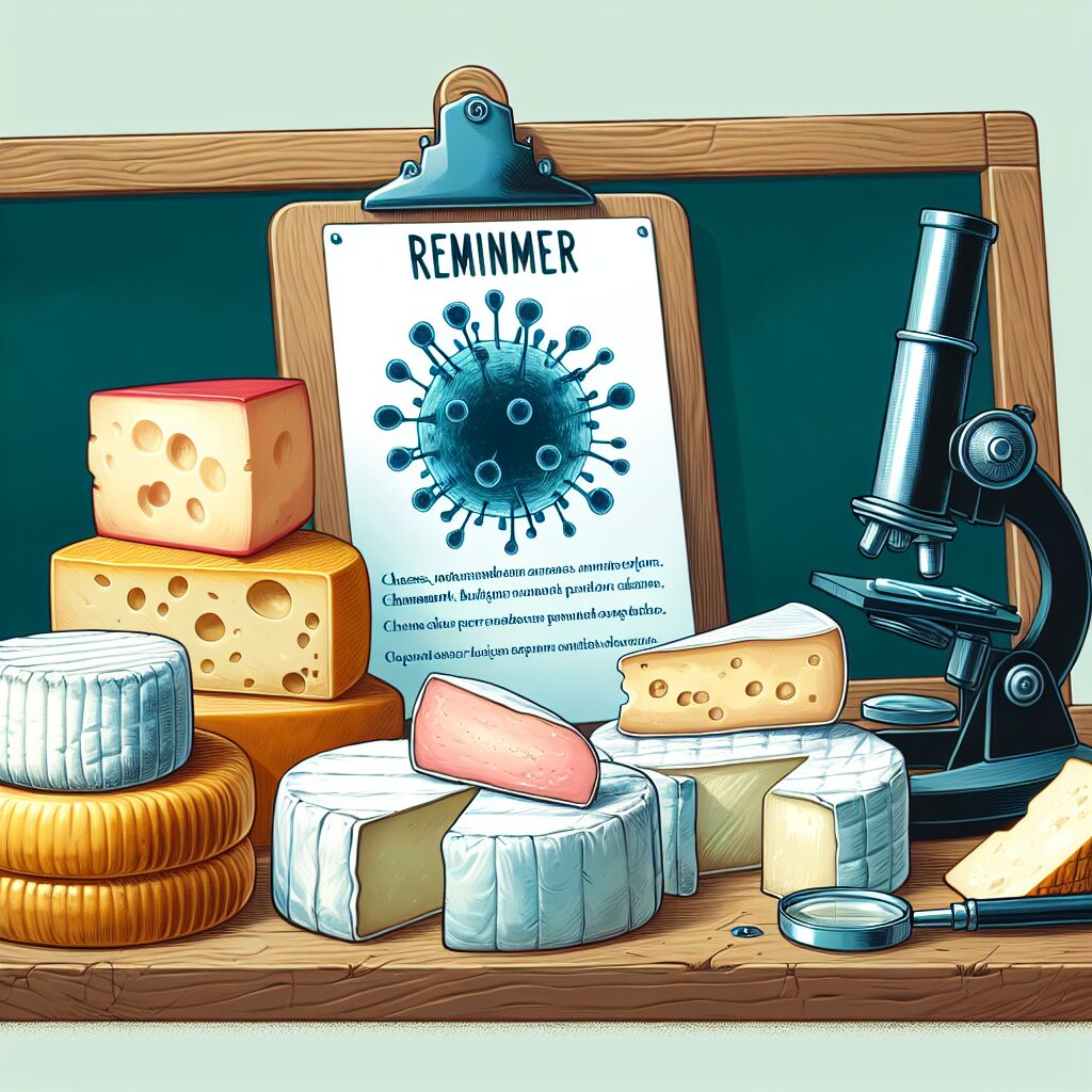 Une illustration d'un plateau de fromages variés (camembert, brie, chèvre) sur une table en bois, avec un panneau de rappel en arrière-plan, et un microscope représentant la bactérie Listeria visible à côté.
