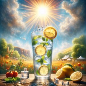 A refreshing glass of water with mint and lemon slices, against a sunny summer backdrop, illustrating the importance of hydration during a heatwave.