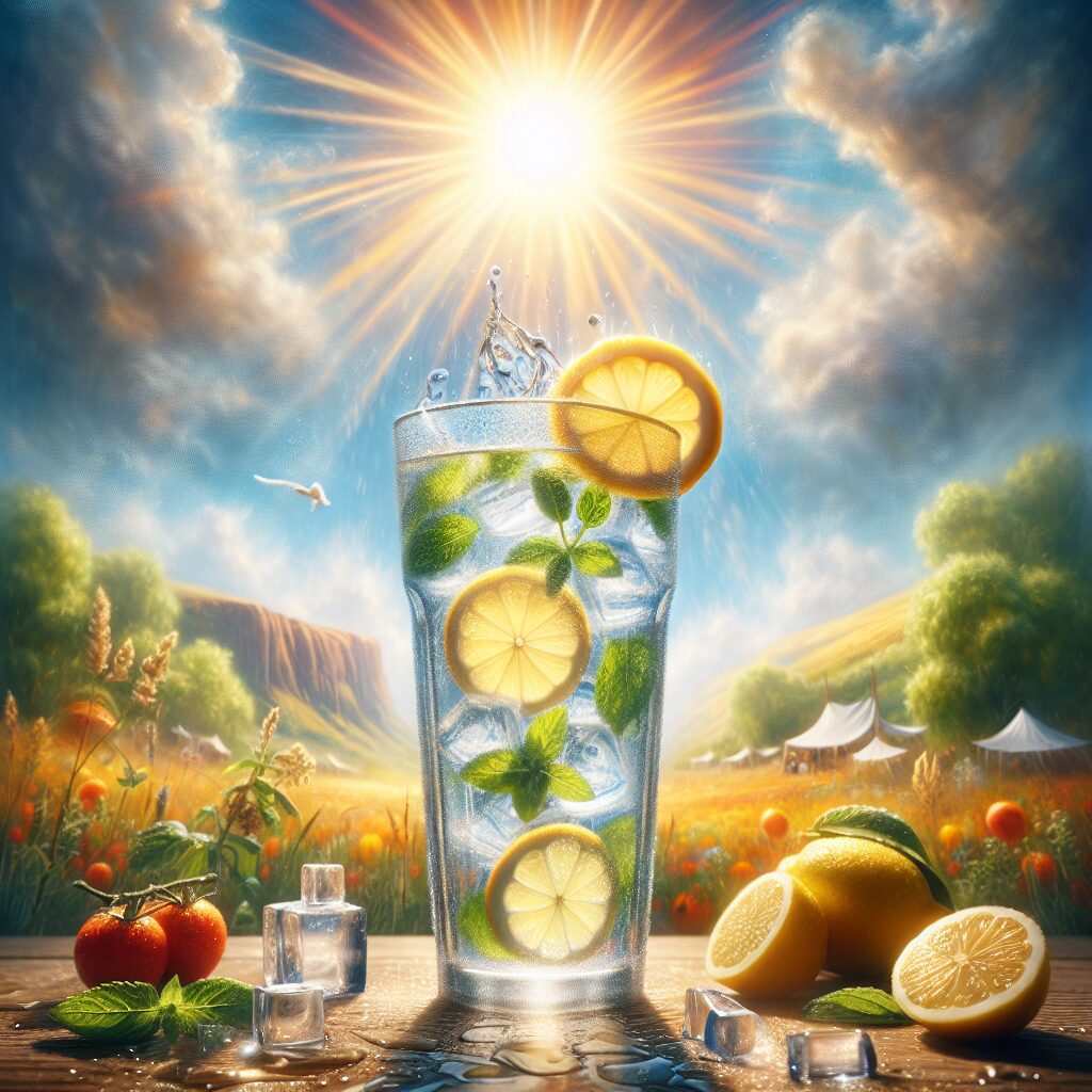 A refreshing glass of water with mint and lemon slices, against a sunny summer backdrop, illustrating the importance of hydration during a heatwave.