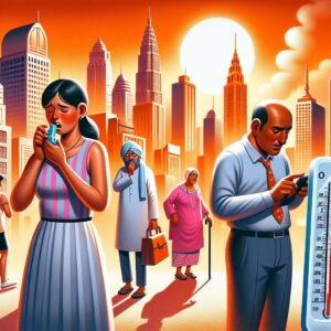 A heatwave scenario with thermometer showing high temperature, people with medical conditions like asthma, diabetes, heart problems depicted in a cityscape background under intense sunlight.