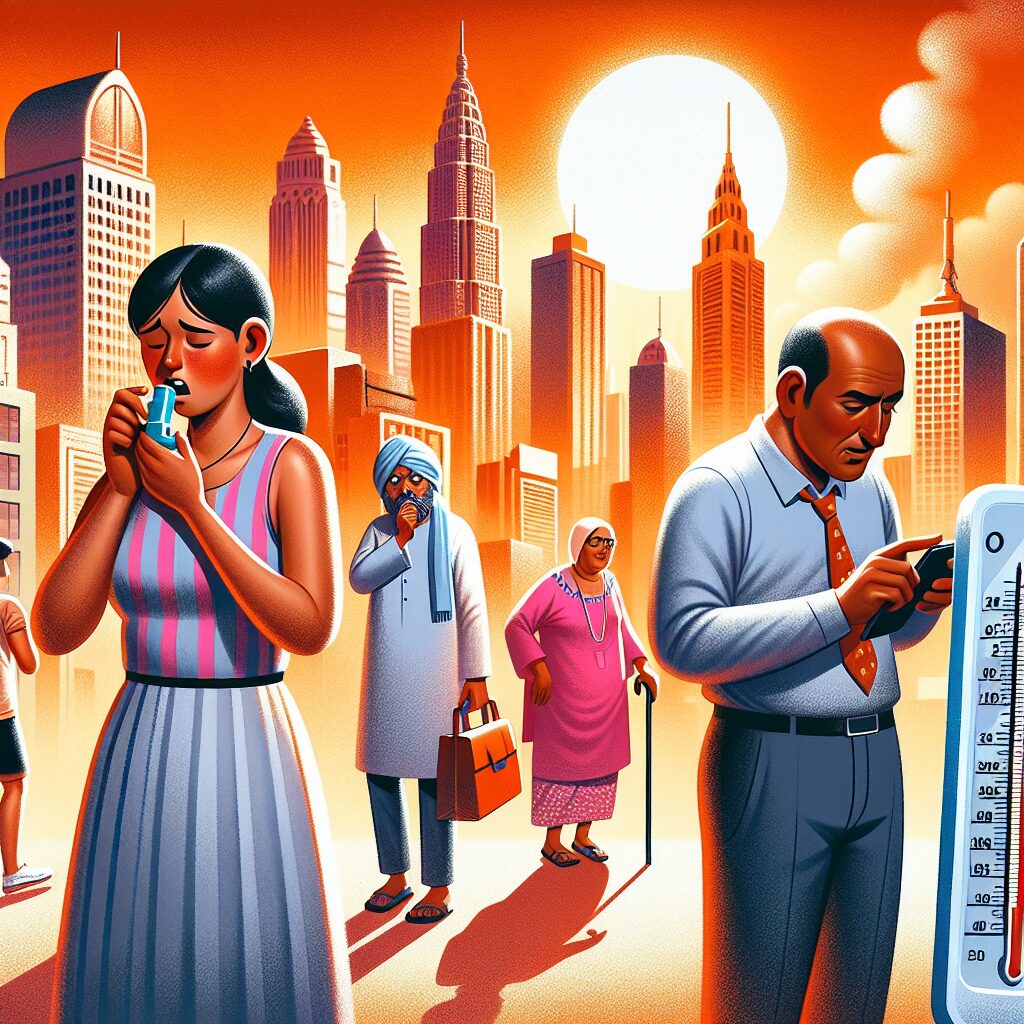 A heatwave scenario with thermometer showing high temperature, people with medical conditions like asthma, diabetes, heart problems depicted in a cityscape background under intense sunlight.