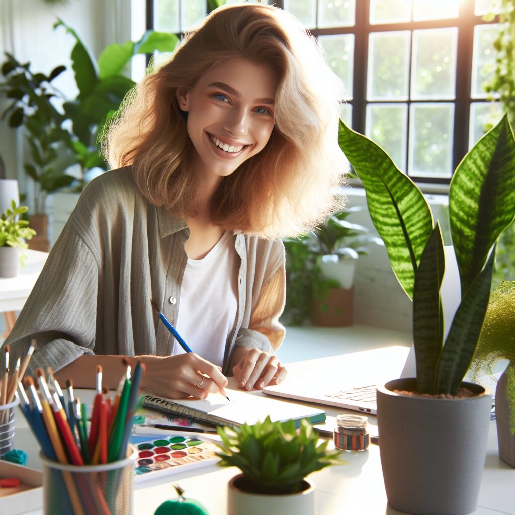Une femme souriante dans un bureau lumineux, entourée de plantes, travaillant sur un projet créatif à son bureau avec des outils artistiques et des livres autour d'elle, symbolisant l'épanouissement au travail.