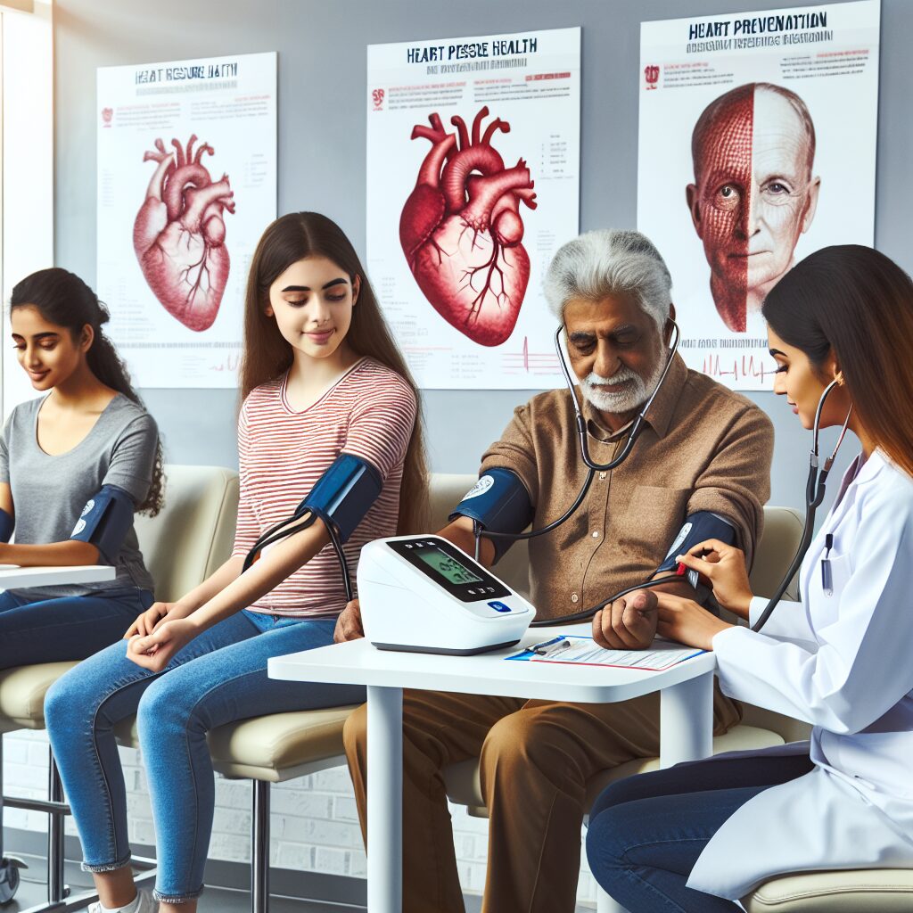A diverse group of people, of varying ages and ethnicities, having their blood pressure checked by healthcare professionals. The setting is a bright, modern clinic with posters about heart health displayed on the walls. There are digital blood pressure monitors and informative leaflets visible in the scene, creating an atmosphere of healthcare awareness and prevention.
