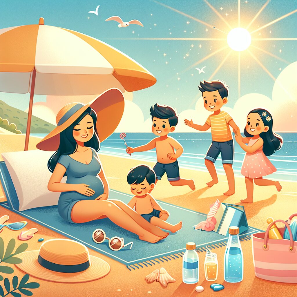 A sunny summer scene depicting a family enjoying time at the beach, with children playing, a mother with pregnant belly lounging under an umbrella, and essential summer items like a bottle of water, a sun hat, and sunglasses around them.