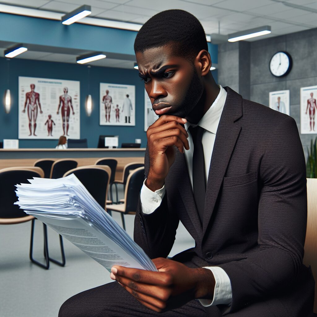 A visual representation of a thoughtful person holding documents in a hospital waiting room, symbolizing insurance claims after an accident. The person should look contemplative, showcasing the importance of understanding legal steps in healthcare.