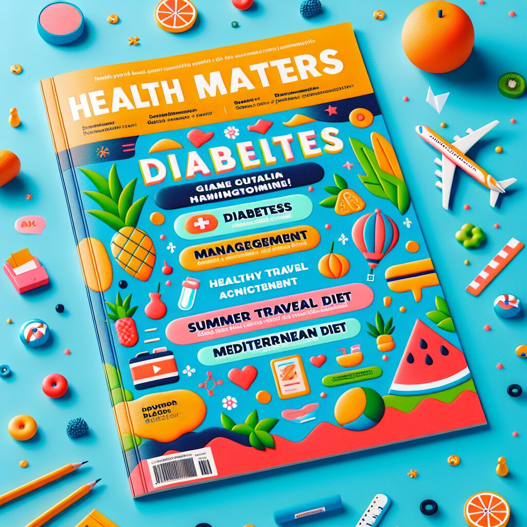 An engaging and informative magazine cover for a health journal focused on diabetes, summer travel tips, and Mediterranean diet, featuring vivid summer-themed colors and health-related illustrations.